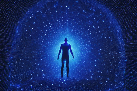 Silhouette of Person in Cosmic Digital Universe. Generative AI.の写真素材