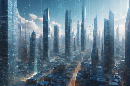 Futuristic Cityscape with Tall Skyscrapers and Digital Overlay. Generative AI.の写真素材
