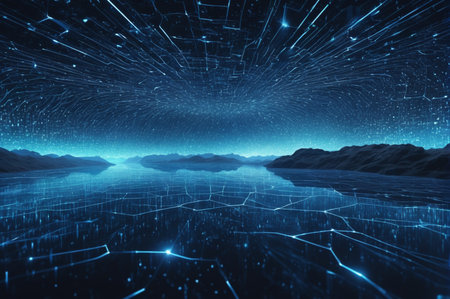 Digital Network Landscape Over Water and Mountains. Generative AI.の写真素材