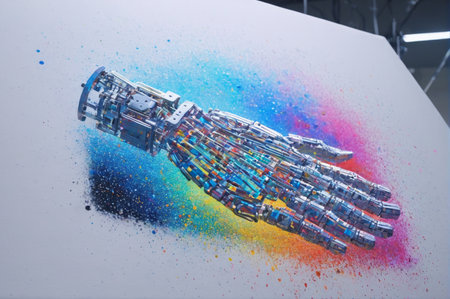 Robotic Hand with Vibrant Color Explosion. Generative AI.