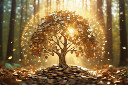 Golden Money Tree Illustration in a Forest Setting. Generative AI.の写真素材