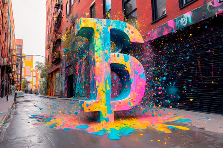 Colorful Artistic Bitcoin Graffiti Explosion in Alley. Generative AI.の写真素材