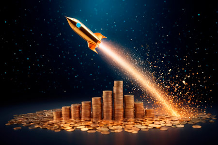 Rocket Launches from Coin Stack in Financial Growth Concept. Generative AI.の写真素材