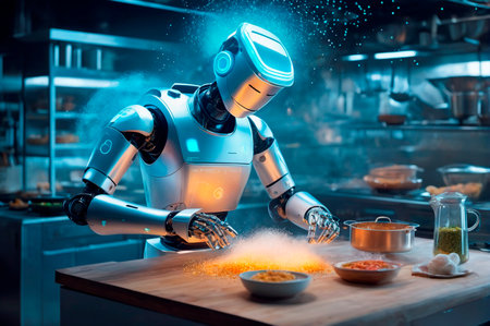 Robot Chef Sprinkling Ingredients in Modern Kitchen. Generative AI.の写真素材