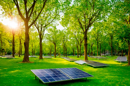 Solar Panels Among Trees in a Sunny Park Setting. Generative AI.