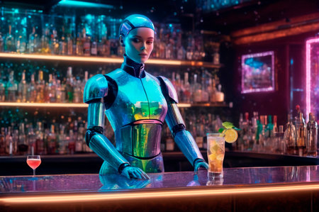 Futuristic Robot Bartender Serving Cocktails at a Bar. Generative AI.の写真素材