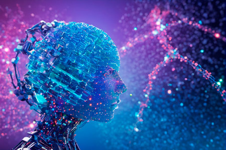 Futuristic AI Robot with Digital Interface in Cosmic Scene. Generative AI.の写真素材