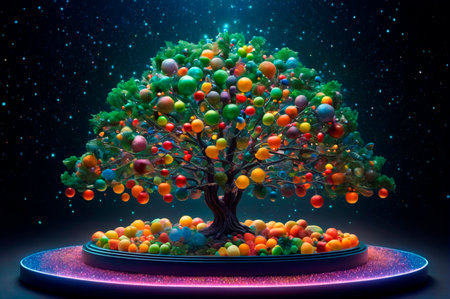 Vibrant Cosmic Fruit Tree with Multicolored Orbs. Generative AI.の写真素材