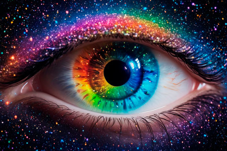 Cosmic Eye with Rainbow Colors and Galaxy Background. Generative AI.の写真素材