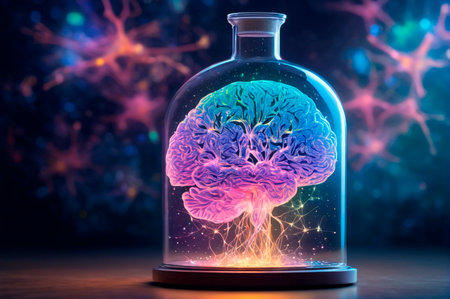 Neon Brain in Glass Jar with Neural Connections. Generative AI.の写真素材
