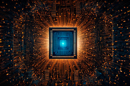 Futuristic CPU Concept with Glowing Data Streams. Generative AI.の写真素材