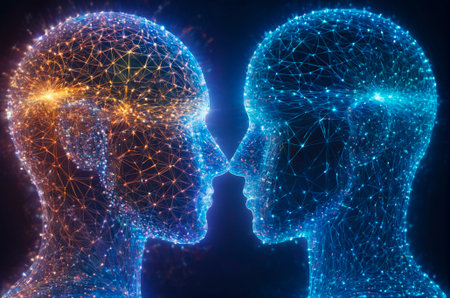 Digital Network Faces Connecting in Abstract Light. Generative AI.の写真素材