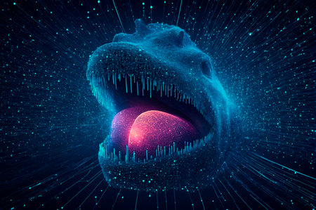 Digital Dinosaur Head with Glowing Sphere Illustration. Generative AI.の写真素材