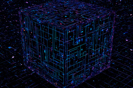Futuristic Digital Cube with Neon Circuit Design. Generative AI.の写真素材