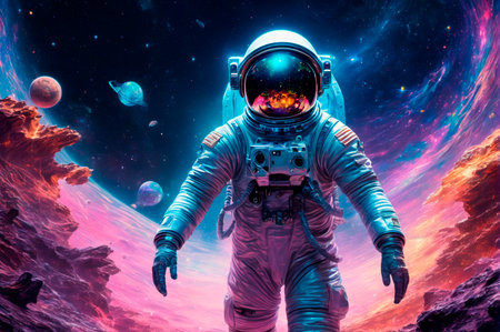 Astronaut Exploring Colorful Alien Planet. Generative AI.
