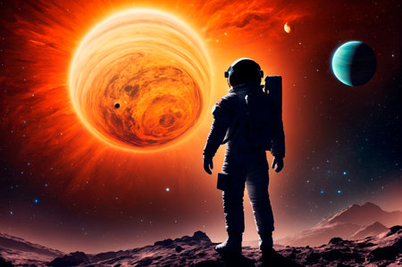 Astronaut Gazing at Distant Planets in Space. Generative AI.の写真素材