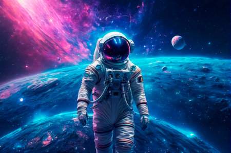Astronaut Exploring Colorful Cosmic Landscape. Generative AI.