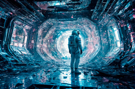Astronaut Exploring Futuristic Space Station Interior. Generative AI.