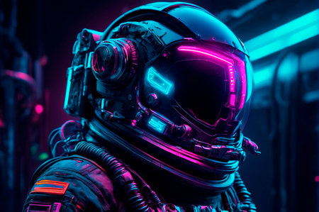 Futuristic Astronaut in Neon Spacesuit Interior. Generative AI.