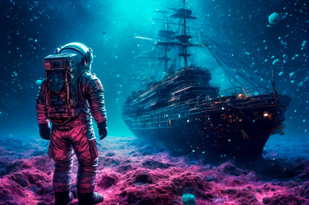 Astronaut Exploring Underwater Shipwreck in Space. Generative AI.の写真素材