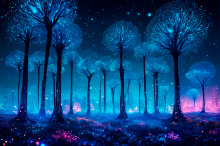 Mystical Night Forest with Illuminated Trees. Generative AI.の写真素材