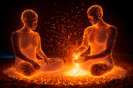 Digital Figures with Glowing Particles in Meditation. Generative AI.の写真素材