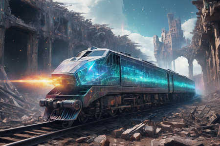Futuristic Train Speeding Through Ruined Cityscape. Generative AI.の写真素材