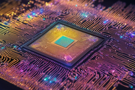 Close-Up of Colorful Microchip Circuit on a Board. Generative AI.