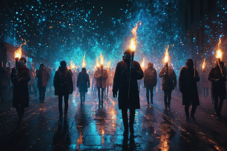Night Parade with Torches and Sparkling Lights. Generative AI.