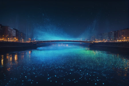 Illuminated Night Bridge Over a Glowing River. Generative AI.の写真素材