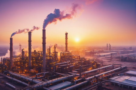 Industrial Complex with Smoke Emissions at Sunset. Generative AI.の写真素材