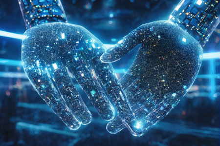 Futuristic Digital Connection with Robotic Hands. Generative AI.の写真素材