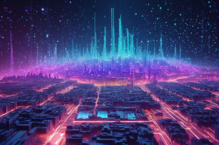 Futuristic Cityscape with Neon Lights and Skyscrapers. Generative AI.の写真素材