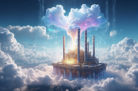 Fantasy Factory Above Clouds with Colorful Smoke. Generative AI.の写真素材