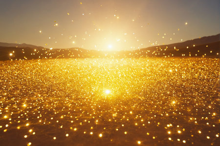 Golden Sparkling Particles in Sunset Glow. Generative AI.の写真素材