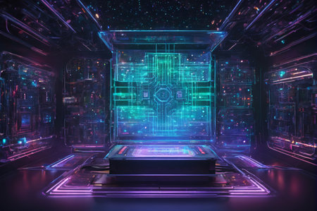 Futuristic Digital Network in Neon Colors. Generative AI.