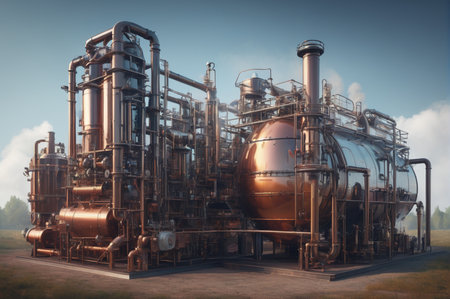 Industrial Metal Refinery Exterior with Pipes and Tanks. Generative AI.の写真素材