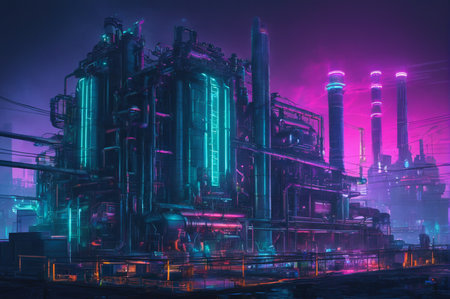 Neon Futuristic Industrial Landscape at Night. Generative AI.の写真素材