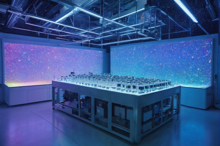 Laboratory Setting with Colorful Illuminated Screens. Generative AI.の写真素材