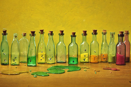 Colorful Sand and Glass Bottles Display on Wooden Table. Generative AI.の写真素材