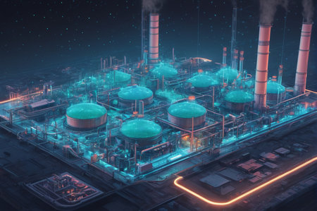 Futuristic Industrial Complex with Glowing Structures. Generative AI.