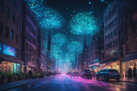 Futuristic Neon Cityscape with Glowing Trees at Night. Generative AI.の写真素材
