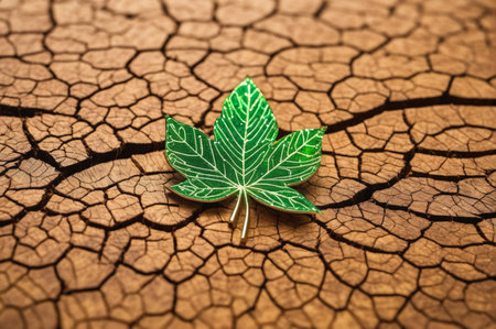Green Leaf on Cracked Earth Depicting Climate Change. Generative AI.の写真素材