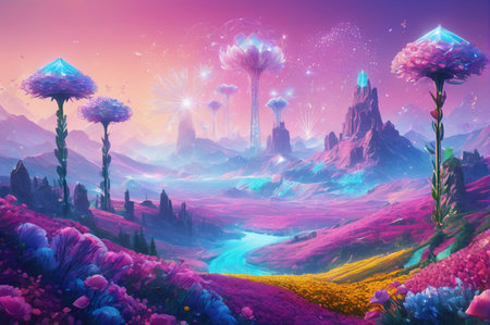 Surreal Fantasy Landscape with Colorful Blossoms. Generative AI.の写真素材