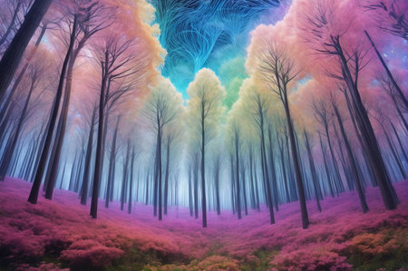 Surreal Fantasy Forest with Colorful Trees and Sky. Generative AI.の写真素材