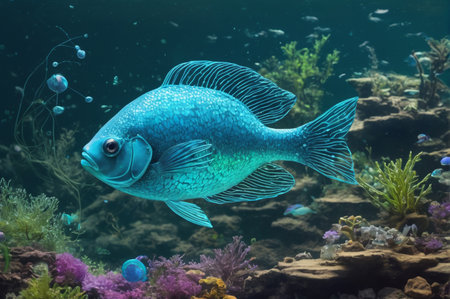 Vibrant Blue Fish Swimming in Colorful Coral Reef. Generative AI.の写真素材