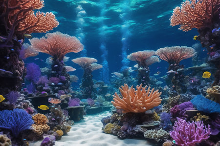 Vibrant Underwater Coral Scene with Tropical Fish. Generative AI.