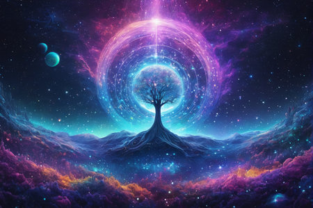 Surreal Tree of Life Against Cosmic Background. Generative AI.の写真素材