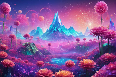 Fantasy Landscape with Vibrant Colors and Unique Flora. Generative AI.の写真素材