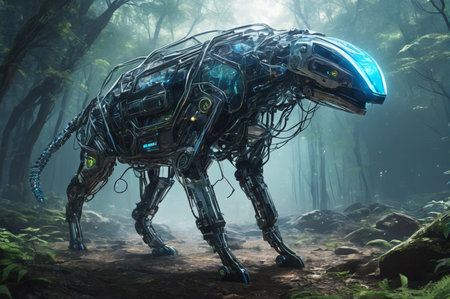 Robotic Dinosaur Walking Through a Dense Forest. Generative AI.の写真素材